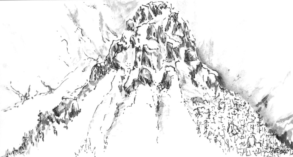 D04 Bergspitze,Feder laviert, 10x20